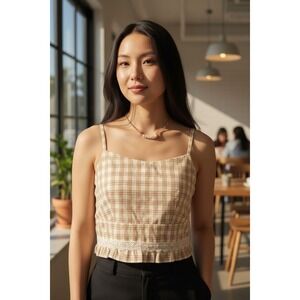 POL Plaid Cropped Camisole / Tank top with Lace details. Sz M. NWOT